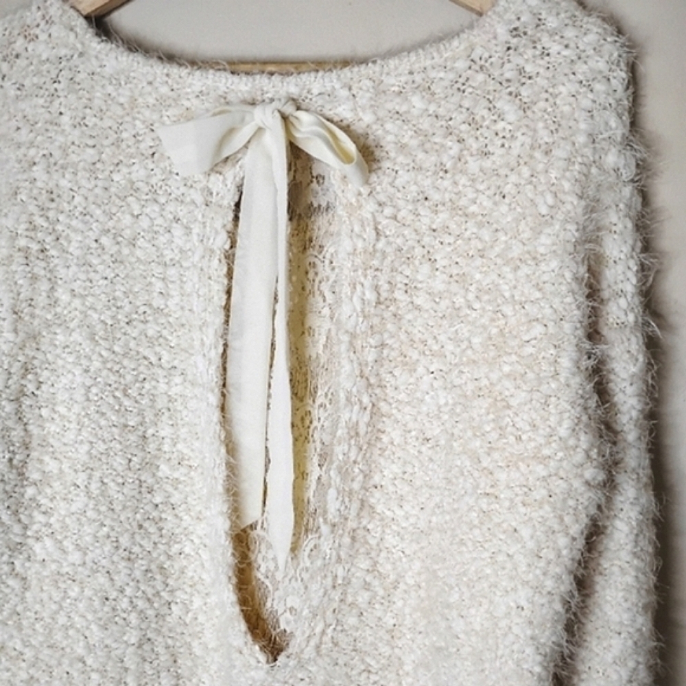 Areve Anthropologie Eyelash Knit Longline Sweater Back Bow Size XL NWT - Picture 7 of 12
